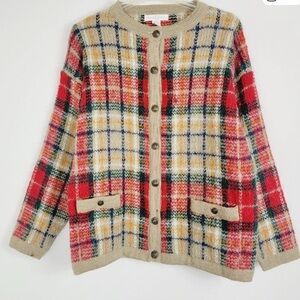 Vintage Capeisle Knitters Mohair Tartan Plaid Emblem Cardigan Sweater Size M